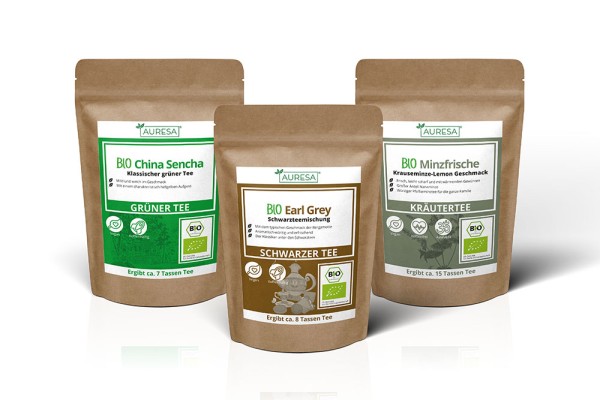 Bio Tee Set: Schwarzer Tee Earl Grey, Kräutertee Minzfrische und grüner Tee China Sencha