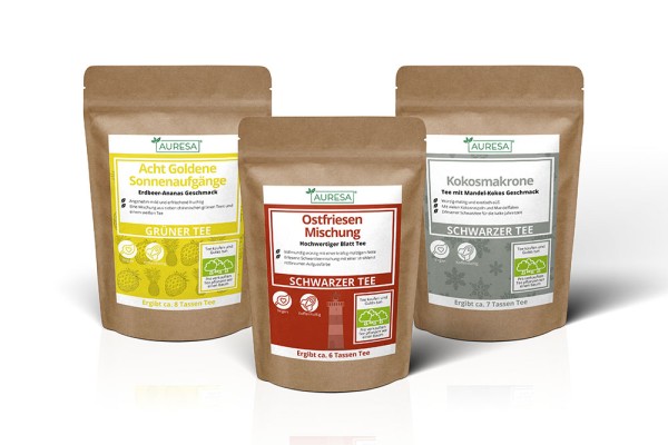 Zwei Schwarzteemischungen und ein aromatisierter grüner Tee
