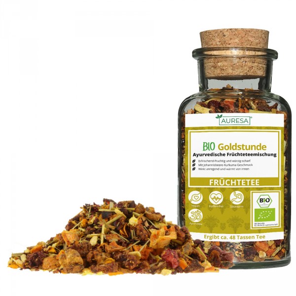 Thé aux fruits de Bio Goldstunde biologique Ayurveda en vrac avec verre