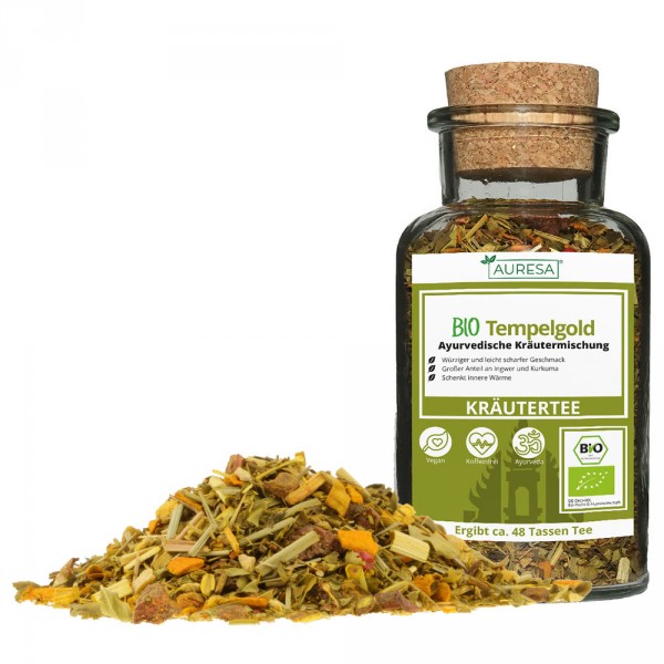 Tisane Ayurveda Bio Tempelgold en vrac avec verre